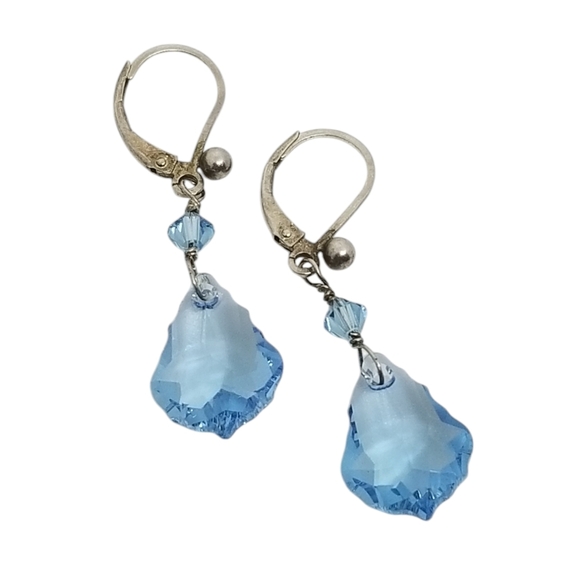 LIGHT BLUE FACETED AUSTRIAN CRYSTAL & STERLING SILVER DROP EARRINGS - Picture 3 of 4